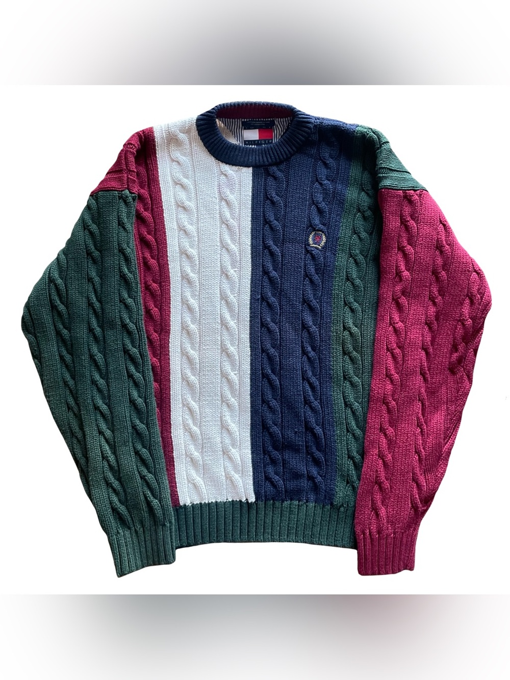 VTG Tommy Hilfiger Chunky Sweater Sz XL Colorblock Cable Knit Bold Biggie 90s